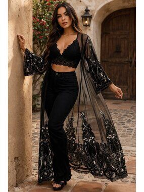 Mechant Sheer Lace Kimono Duster S Black Mesh Embroidered Boho Layer